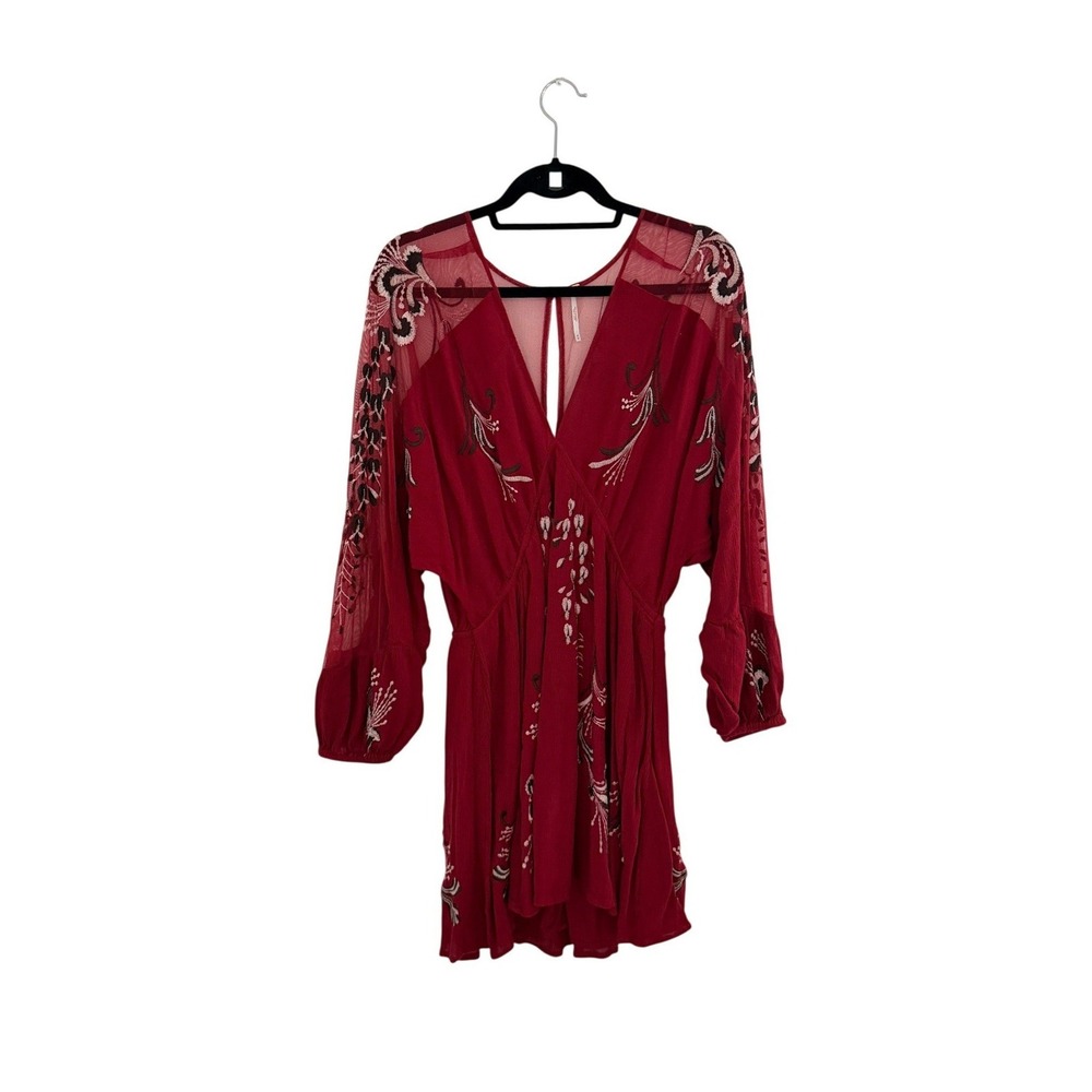 Free People Burgundy Embroidered Mesh Mini Dress M Boho Festival V-Neck Red - Picture 2 of 9